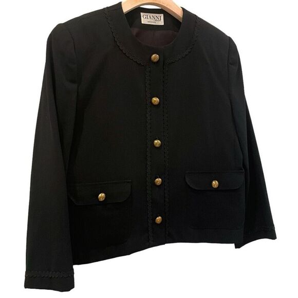 Vintage Gianni Petites Wool Black Cropped Gold Button Lady Jacket Size 12 - Picture 2 of 10